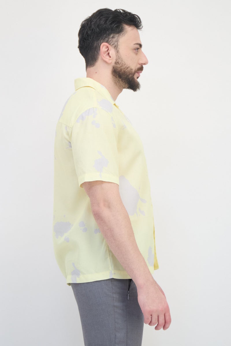 SELECTED Men Spread Collar Short Sleeve Tie Dye Casual Shirt, Yellow - Image 2