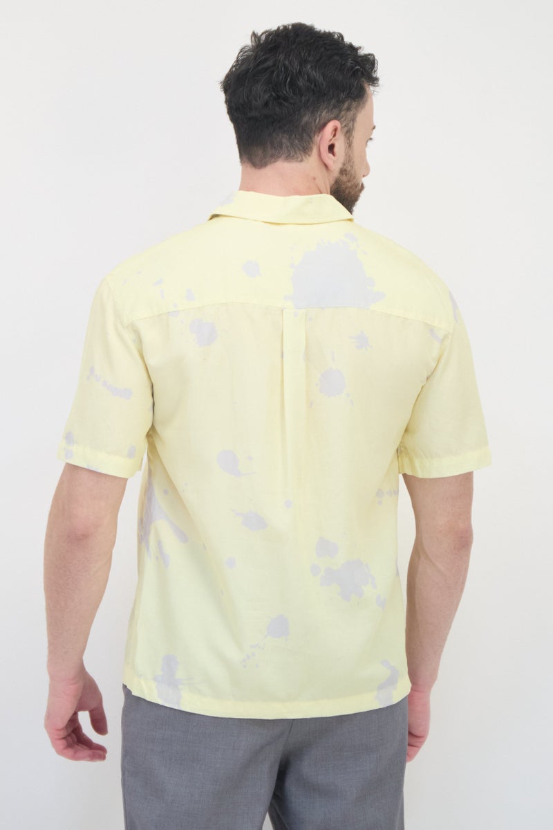 SELECTED Men Spread Collar Short Sleeve Tie Dye Casual Shirt, Yellow - Image 3