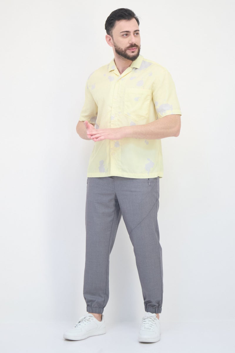 SELECTED Men Spread Collar Short Sleeve Tie Dye Casual Shirt, Yellow - Image 4