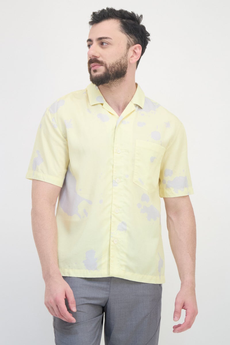 SELECTED Men Spread Collar Short Sleeve Tie Dye Casual Shirt, Yellow - Image 1