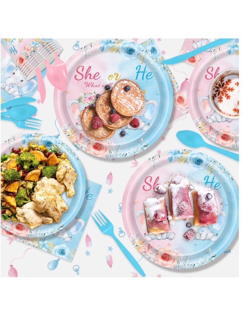 Excefore Gender Reveal Party Supplies, 134 PCS Elephant Baby Shower Gender Reveal Party Tableware for Girls or Boys with She or He Gender Reveal Banner Party Tablecloth Paper Plates Napkins Cups for 16 Guests - Image 5
