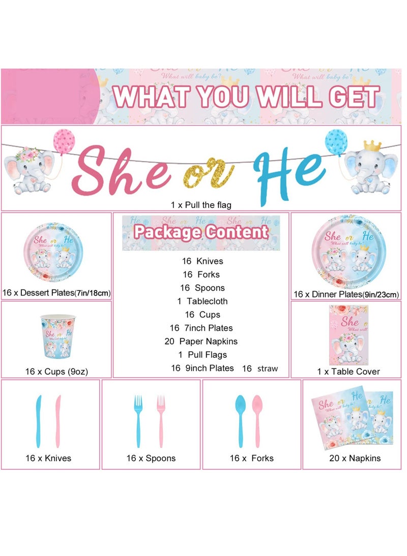 Excefore Gender Reveal Party Supplies, 134 PCS Elephant Baby Shower Gender Reveal Party Tableware for Girls or Boys with She or He Gender Reveal Banner Party Tablecloth Paper Plates Napkins Cups for 16 Guests - Image 2