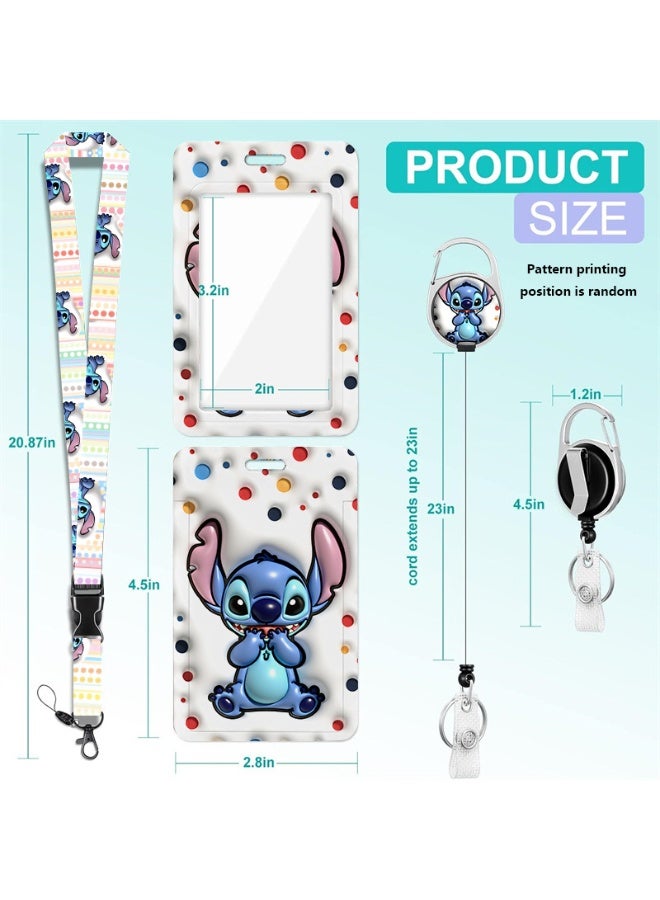 ديزني حامل بطاقة هوية بلاستيكي أبيض من الجيلاتين بنمط ديزني ستيتش وكرات ملونة 3 في 1 مع حبل قابل للسحب، وبكرة شارة، وسلسلة مفاتيح، ووصلة تمديد - مناسب للعمل، والطلاب، والحافلات، والأطباء، والممرضين - Image 2