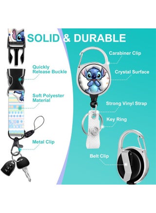 حامل بطاقة هوية بلاستيكي أبيض من الجيلاتين بنمط ديزني ستيتش وكرات ملونة 3 في 1 مع حبل قابل للسحب، وبكرة شارة، وسلسلة مفاتيح، ووصلة تمديد - مناسب للعمل، والطلاب، والحافلات، والأطباء، والممرضين - view 3