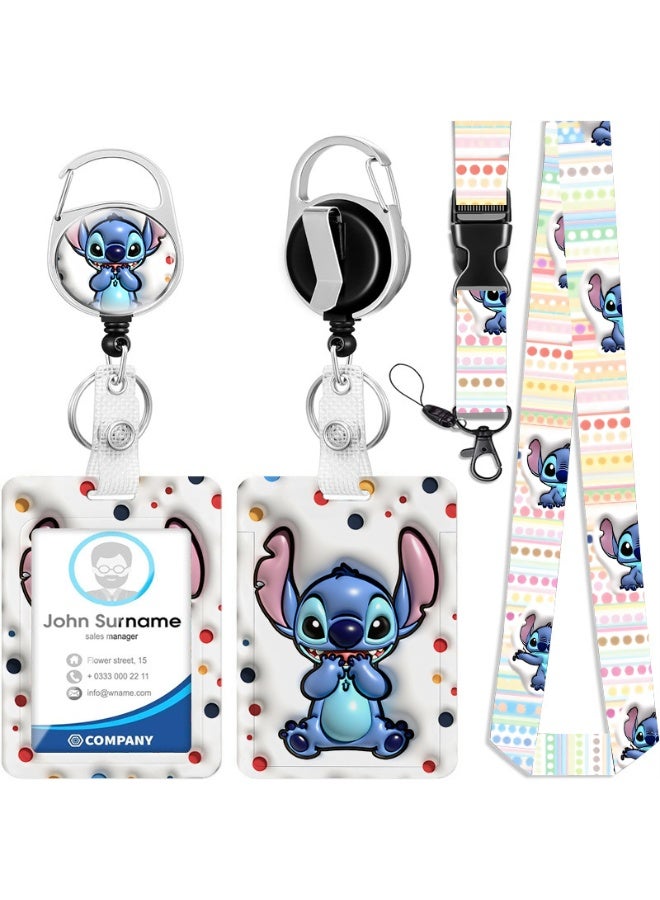 ديزني حامل بطاقة هوية بلاستيكي أبيض من الجيلاتين بنمط ديزني ستيتش وكرات ملونة 3 في 1 مع حبل قابل للسحب، وبكرة شارة، وسلسلة مفاتيح، ووصلة تمديد - مناسب للعمل، والطلاب، والحافلات، والأطباء، والممرضين - Image 1