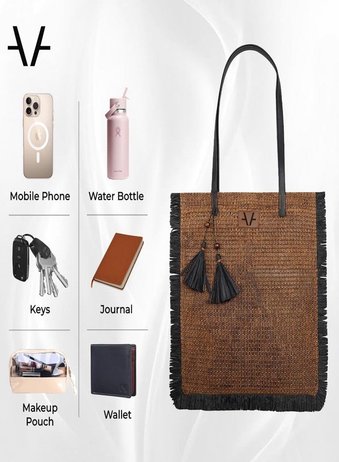 Avake Eclipse Fringe Shopper Tote Bag for Women | Sustainable Raffia & Vegan Leather | Earth-Tone Weave | Magnetic Closure | Artisan Made in India - Image 5
