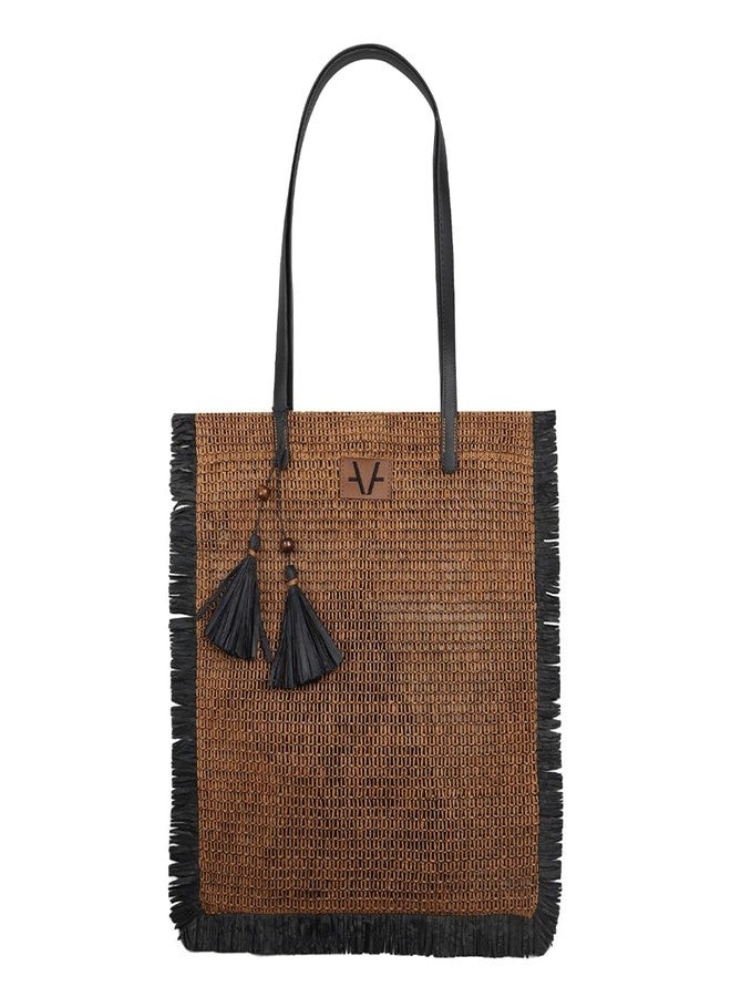 Avake Eclipse Fringe Shopper Tote Bag for Women | Sustainable Raffia & Vegan Leather | Earth-Tone Weave | Magnetic Closure | Artisan Made in India - Image 1