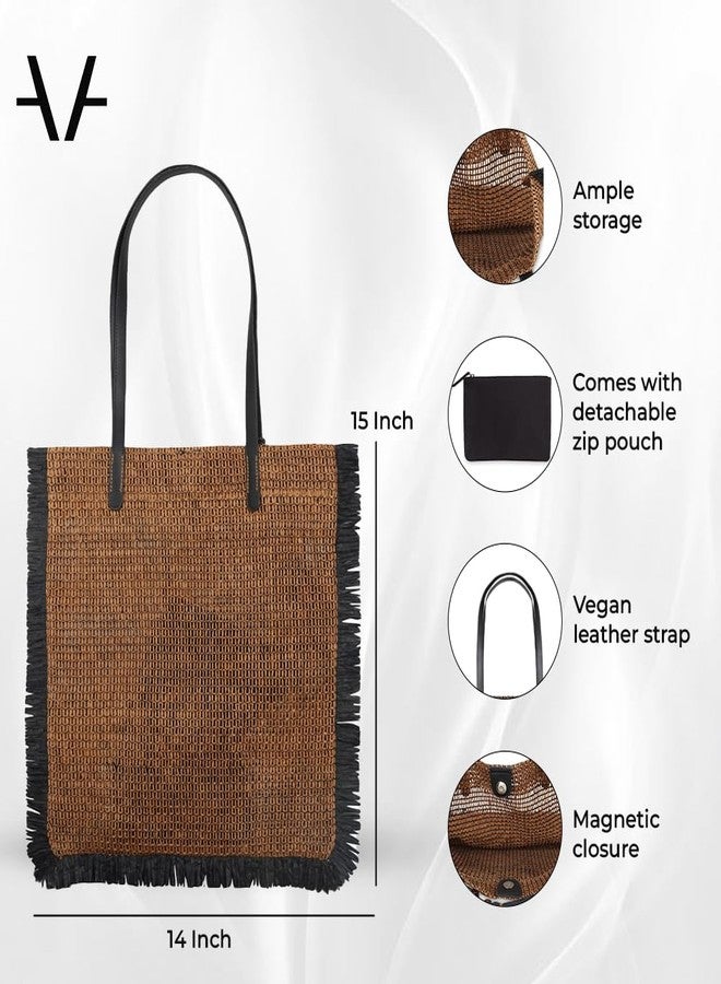 Avake Eclipse Fringe Shopper Tote Bag for Women | Sustainable Raffia & Vegan Leather | Earth-Tone Weave | Magnetic Closure | Artisan Made in India - Image 4