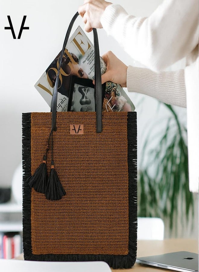 Avake Eclipse Fringe Shopper Tote Bag for Women | Sustainable Raffia & Vegan Leather | Earth-Tone Weave | Magnetic Closure | Artisan Made in India - Image 2