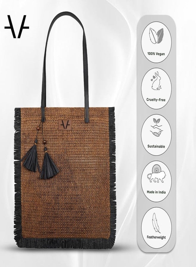 Avake Eclipse Fringe Shopper Tote Bag for Women | Sustainable Raffia & Vegan Leather | Earth-Tone Weave | Magnetic Closure | Artisan Made in India - Image 3