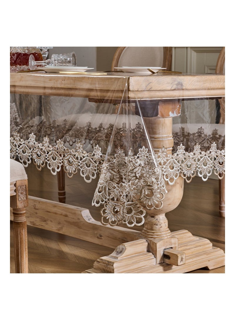 EZdenK 140*180cm Vinyl PVC Rectangle Tablecloth Waterproof Clear Table Cover with Champagne Lace Macrame Border for Wedding Kitchen Home Outdoor Indoor Holidays Party Decor (Champagne) - Image 4