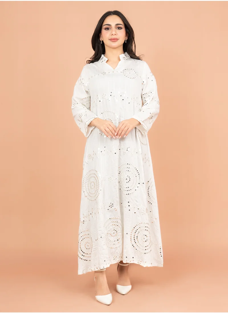 IKKXA Elegant Jalabiya with Intricate Embroidery Work IK6004 White