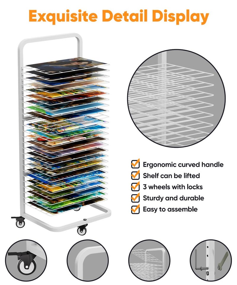Whoonba Art Drying Rack with 25 Removable Shelves, Mobile Metal Paint Drying Stand with Lockable Wheels, Functional Canvas Rack Art Storage for Artwork in Classrooms, Art Studios and Schools, White - Image 4