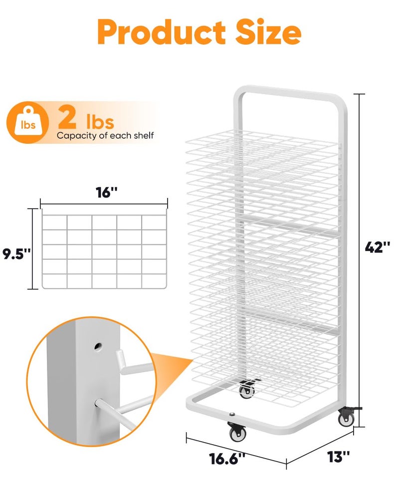 Whoonba Art Drying Rack with 25 Removable Shelves, Mobile Metal Paint Drying Stand with Lockable Wheels, Functional Canvas Rack Art Storage for Artwork in Classrooms, Art Studios and Schools, White - Image 2