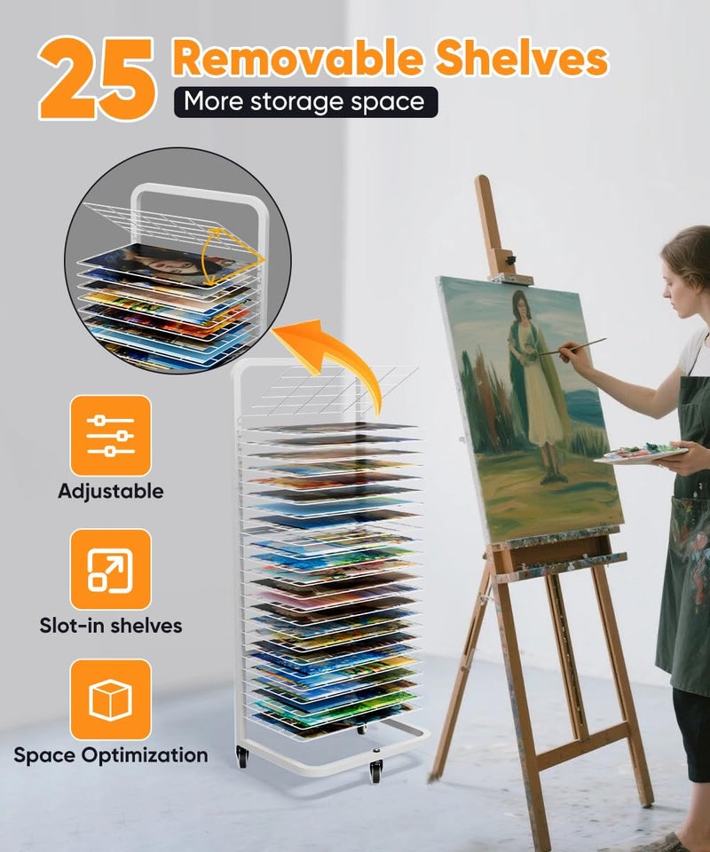Whoonba Art Drying Rack with 25 Removable Shelves, Mobile Metal Paint Drying Stand with Lockable Wheels, Functional Canvas Rack Art Storage for Artwork in Classrooms, Art Studios and Schools, White - Image 3