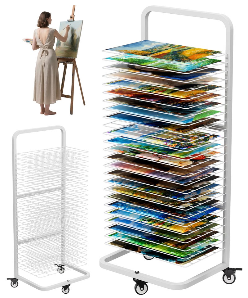Whoonba Art Drying Rack with 25 Removable Shelves, Mobile Metal Paint Drying Stand with Lockable Wheels, Functional Canvas Rack Art Storage for Artwork in Classrooms, Art Studios and Schools, White - Image 1