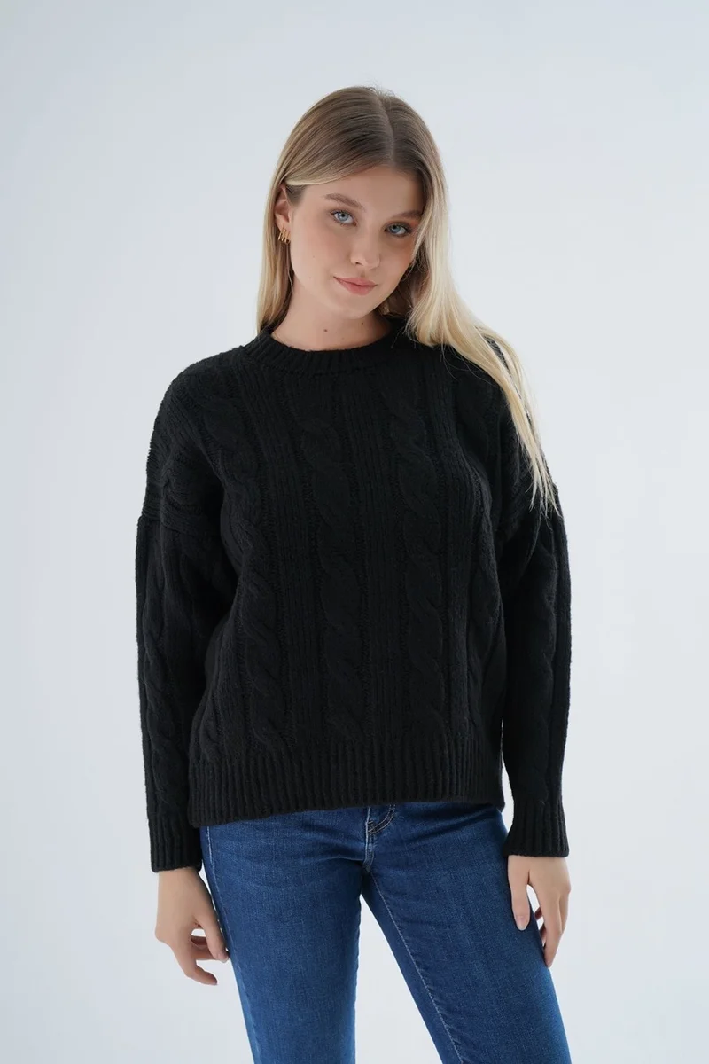 Trist Star Women's Black Oversize Crew Neck Hair Knitted Wool Special Yarn Knitwear Sweater TRIST-6167