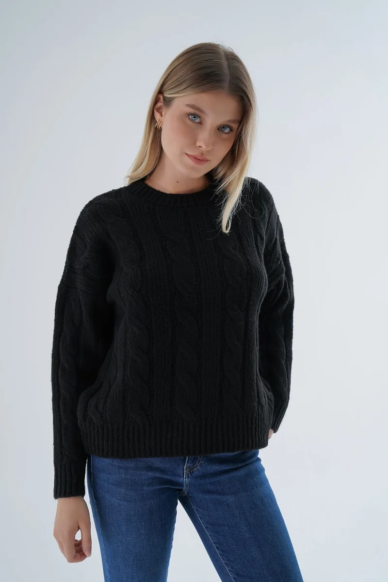 Trist Star Women's Black Oversize Crew Neck Hair Knitted Wool Special Yarn Knitwear Sweater TRIST-6167