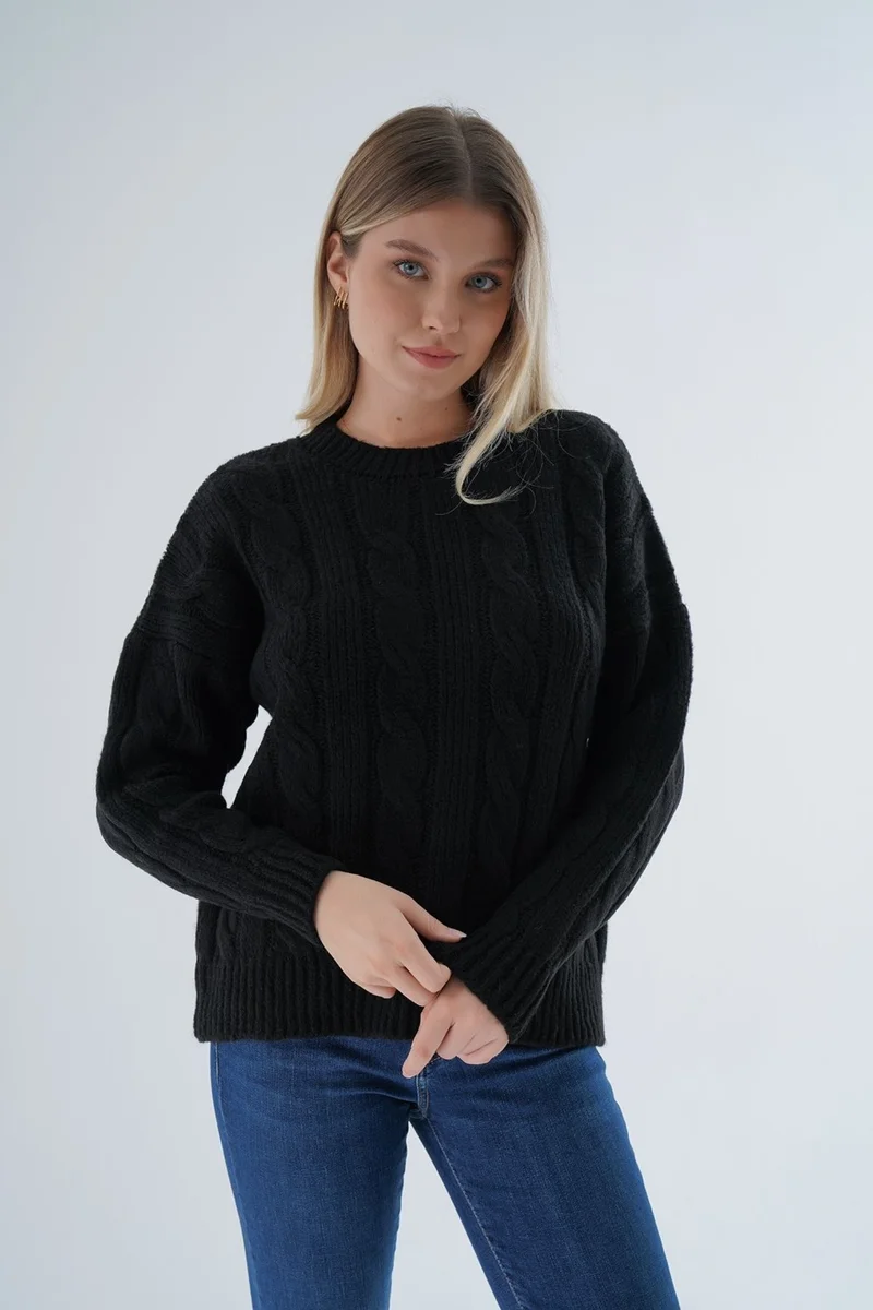 Trist Star Women's Black Oversize Crew Neck Hair Knitted Wool Special Yarn Knitwear Sweater TRIST-6167