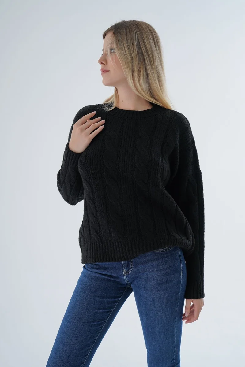 Trist Star Women's Black Oversize Crew Neck Hair Knitted Wool Special Yarn Knitwear Sweater TRIST-6167