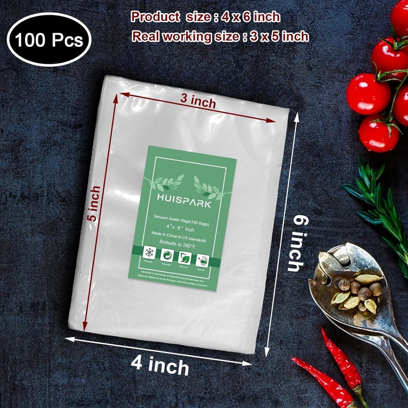 HUISPARK Vacuum Sealer Bags,Heavy Duty Pre-Cut Design Commercial Grade 4x6 Inch Food Sealable Bag for Heat Seal Food Storage, Seal Bag Boilsafe to 280°F Freezable, Resizable,Reuseable (100Pcs) - Image 2