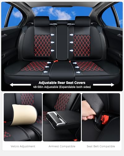 Huidasource Seat Covers, Nappa Leather Car Seat Covers, Velcro Adjustable, Compatible with Airbags, Child Seat, Seat Belts, Fit for Most Cars, Vans, Trucks, SUVs (Full Set/Black&Red) - Image 4