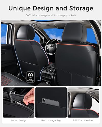 Huidasource Seat Covers, Nappa Leather Car Seat Covers, Velcro Adjustable, Compatible with Airbags, Child Seat, Seat Belts, Fit for Most Cars, Vans, Trucks, SUVs (Full Set/Black&Red) - Image 5