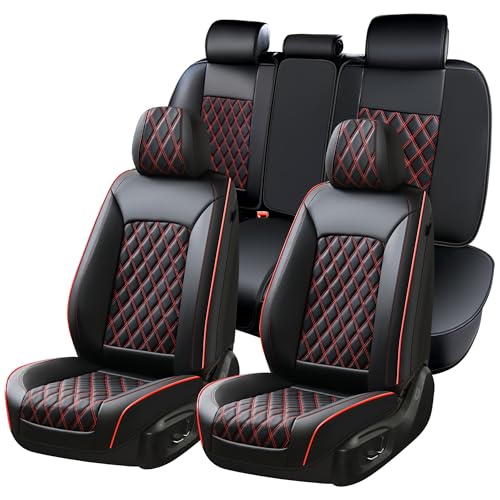 Huidasource Seat Covers, Nappa Leather Car Seat Covers, Velcro Adjustable, Compatible with Airbags, Child Seat, Seat Belts, Fit for Most Cars, Vans, Trucks, SUVs (Full Set/Black&Red) - Image 1
