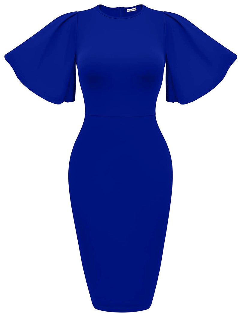 Memoriesea Women's Basic Bodycon Ruffle Flared Short Sleeve Pencil Midi Dress RoyalBlue - Image 1