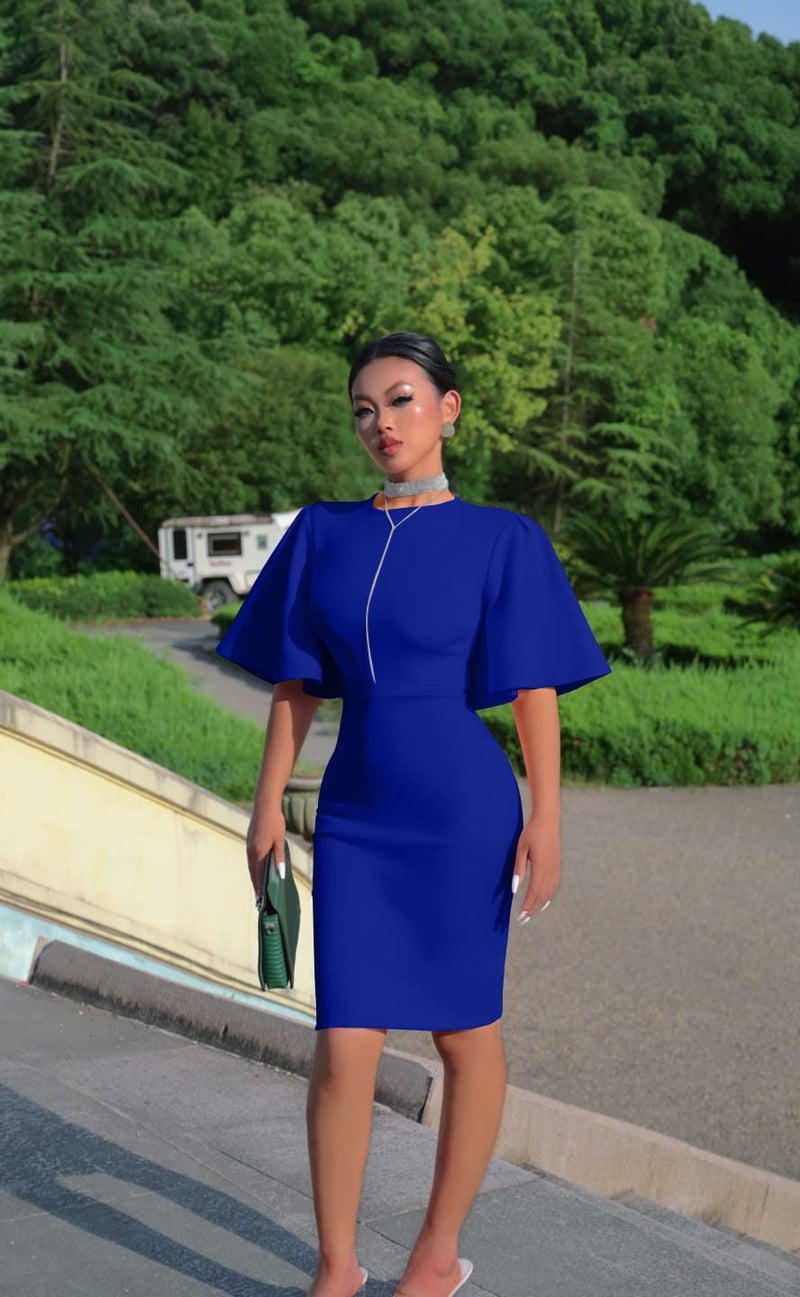 Memoriesea Women's Basic Bodycon Ruffle Flared Short Sleeve Pencil Midi Dress RoyalBlue - Image 3