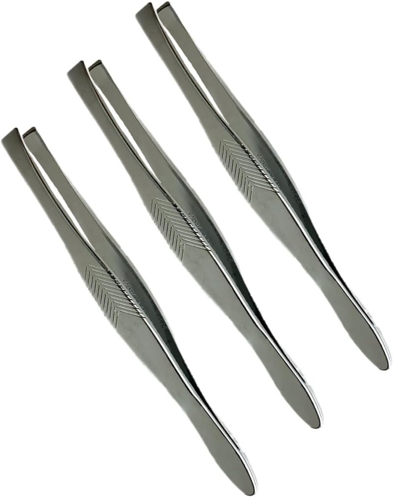 3 Vintage Style Square Tip Ribbed Professional Tweezers for Eyebrows Premium Precision for Facial Hair Splinter Ingrown Hair Removal Straight Tip Women men Made in Korea