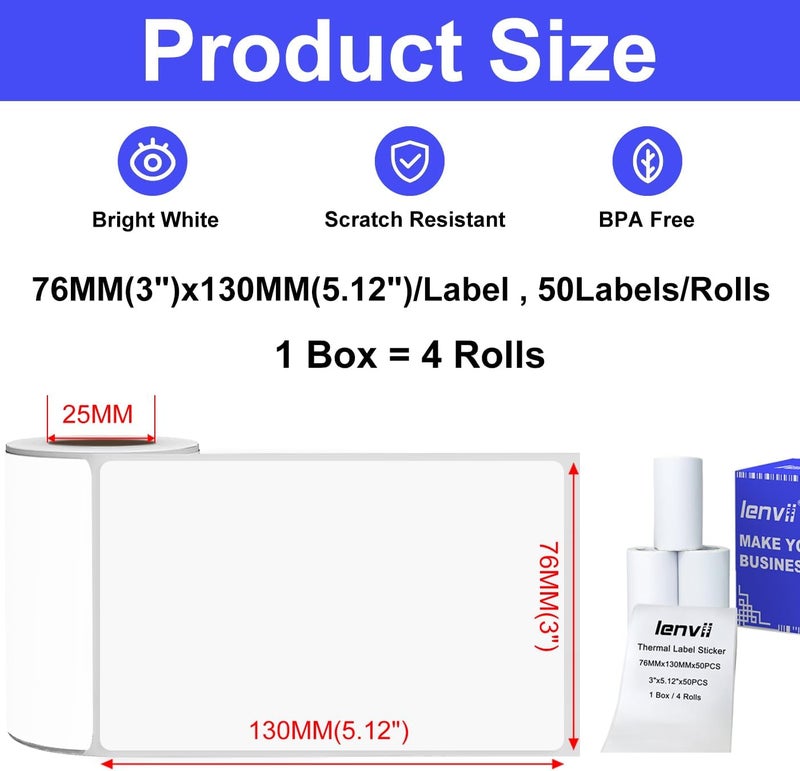 LENVII 76 x 130mm (3"x5") Thermal Labels 200 Sheets - 4 Rolls × 50 Labels, 3-Proof (Water/Oil/Scratch) Multi-Use Adhesive Stickers for Address/Barcode/FNSKU Tags - Home/Office/Product/Gift Labeling - Image 2
