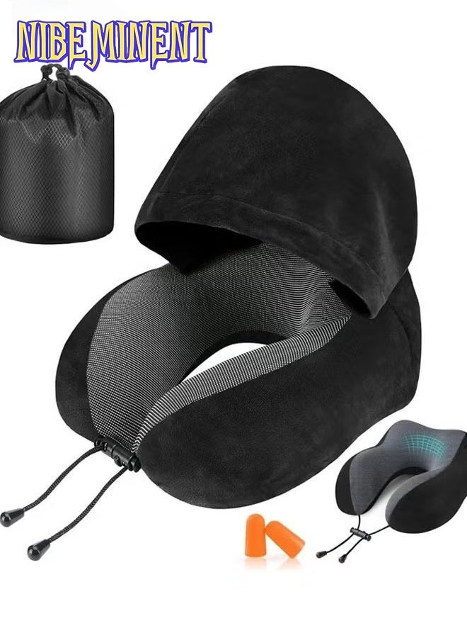 NIBEMINENT Travel Pillow, Neck Pillow for Travel with Hood for Airplane, Velvet Memory Foam Neck Pillow Adult Head & Neck Support, for Long Flights Plane, Office, Cars Sleeping & Rest (Black)  - Image 1