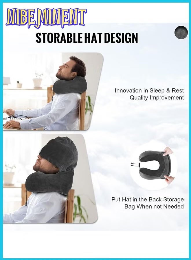 NIBEMINENT Travel Pillow, Neck Pillow for Travel with Hood for Airplane, Velvet Memory Foam Neck Pillow Adult Head & Neck Support, for Long Flights Plane, Office, Cars Sleeping & Rest (Black)  - Image 3
