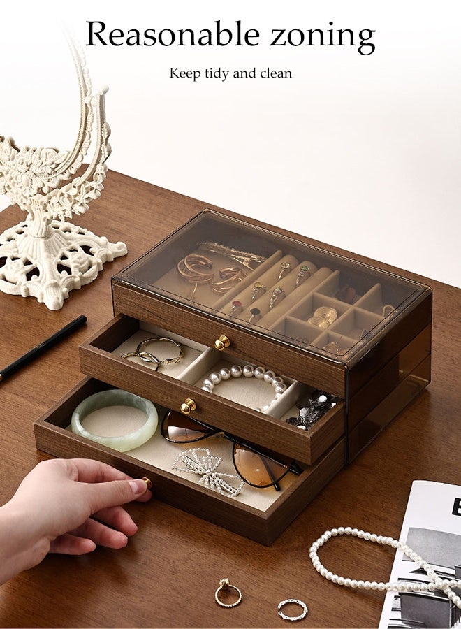 DUNISO Jewelry Organizer Box，Wooden Jewelry Box with 3 Drawers，Multi-functional Jewellery Storage Box，for Earring, Bangle, Bracelet, Necklace and Rings - Image 4