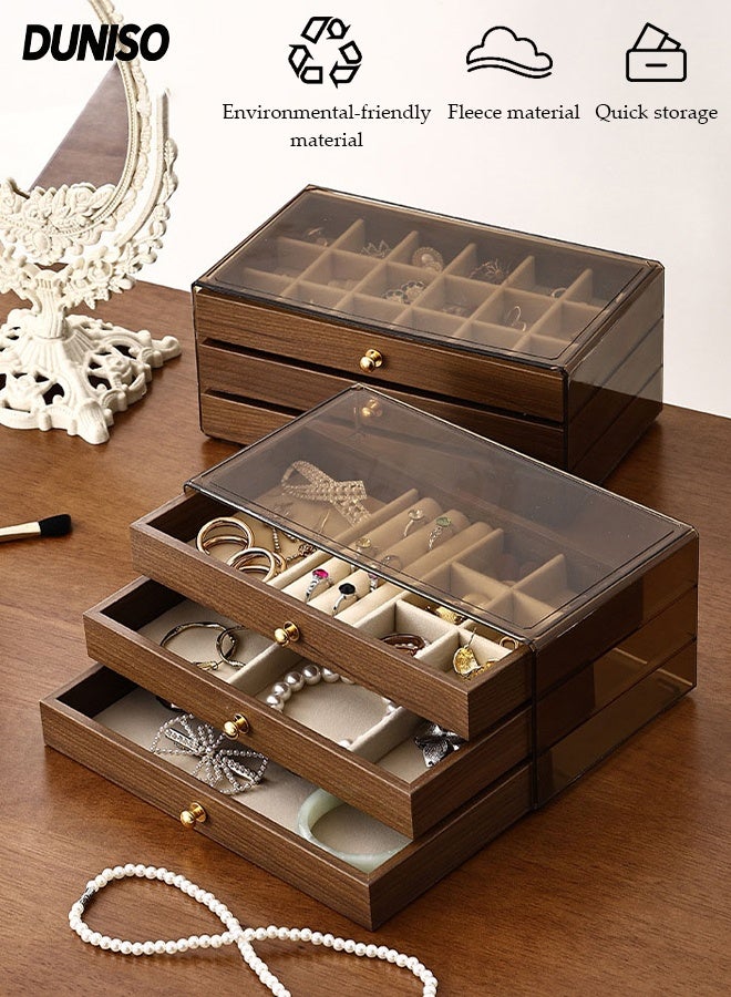 DUNISO Jewelry Organizer Box，Wooden Jewelry Box with 3 Drawers，Multi-functional Jewellery Storage Box，for Earring, Bangle, Bracelet, Necklace and Rings - Image 1