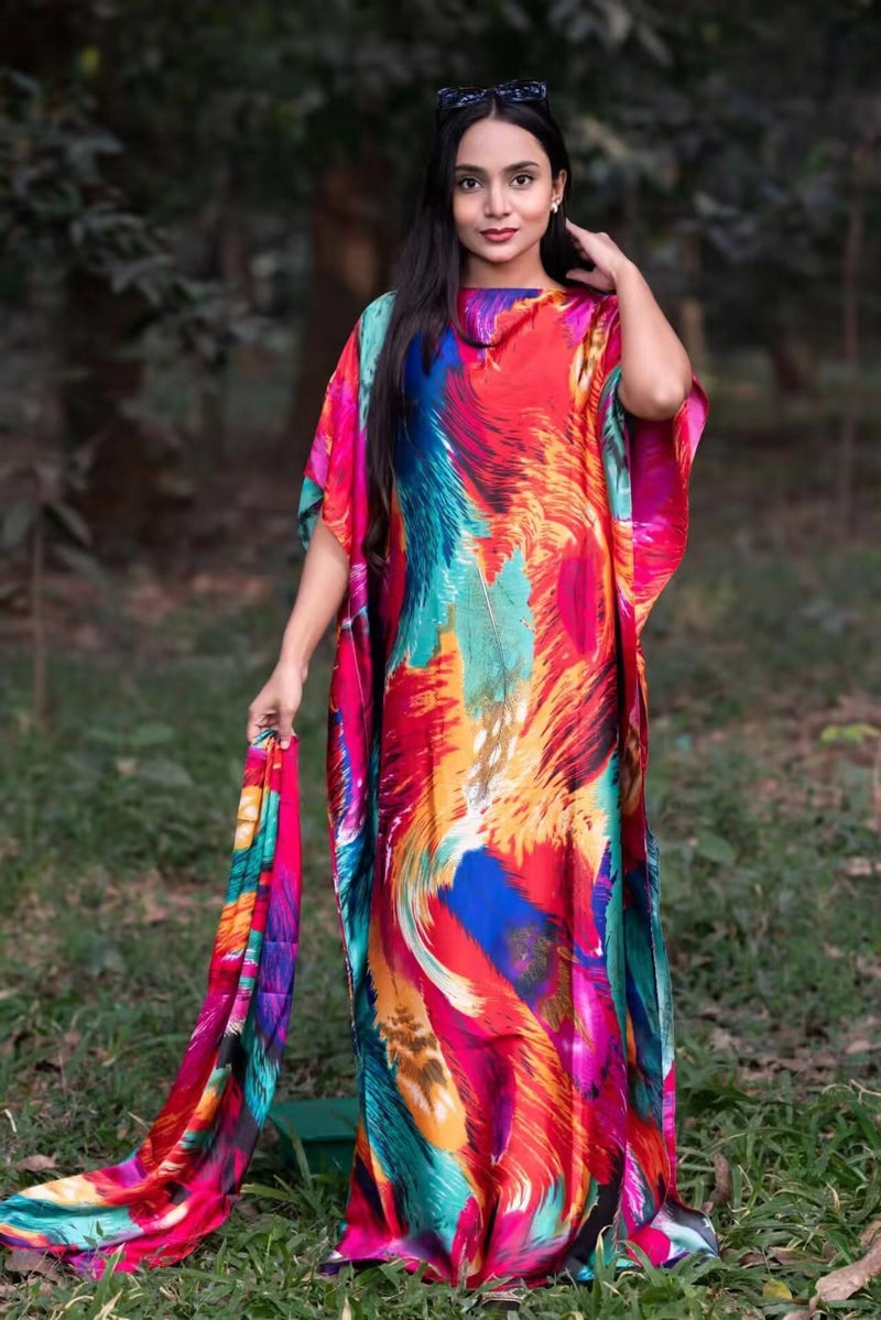 Abaya Muslim Summer Long Dress African Muslim 2024 Spring Summer Sun Protection Shawl plus size Two-piece Set Rainbow feathers