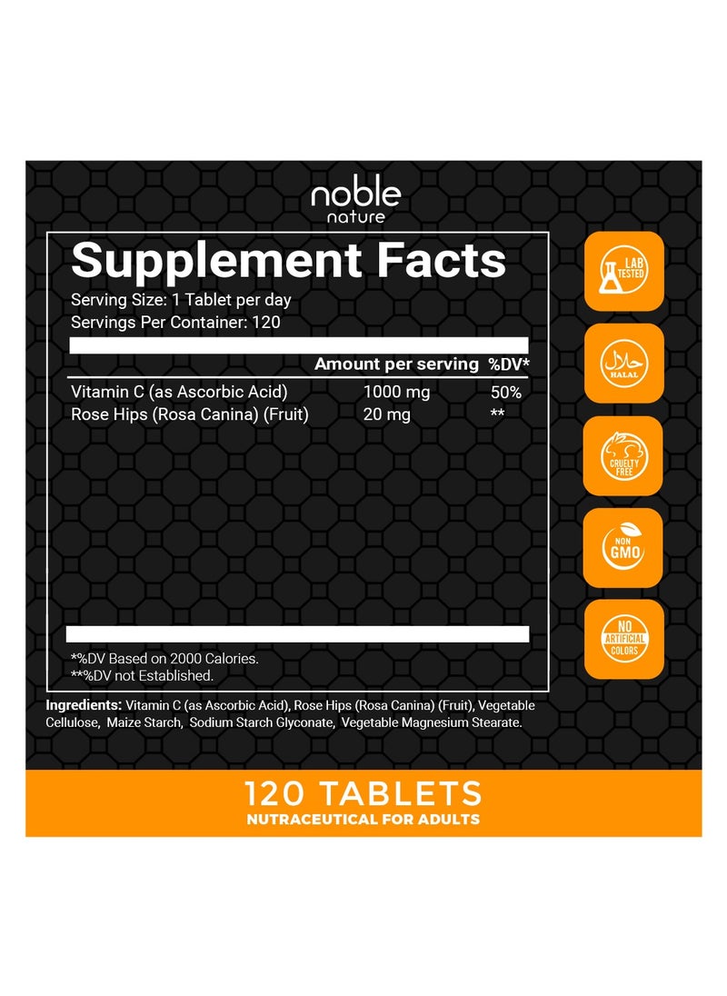 noble nature Vitamin C1000 with Rose Hips - Antioxident Support - 120 Veg Tablets  - Image 2