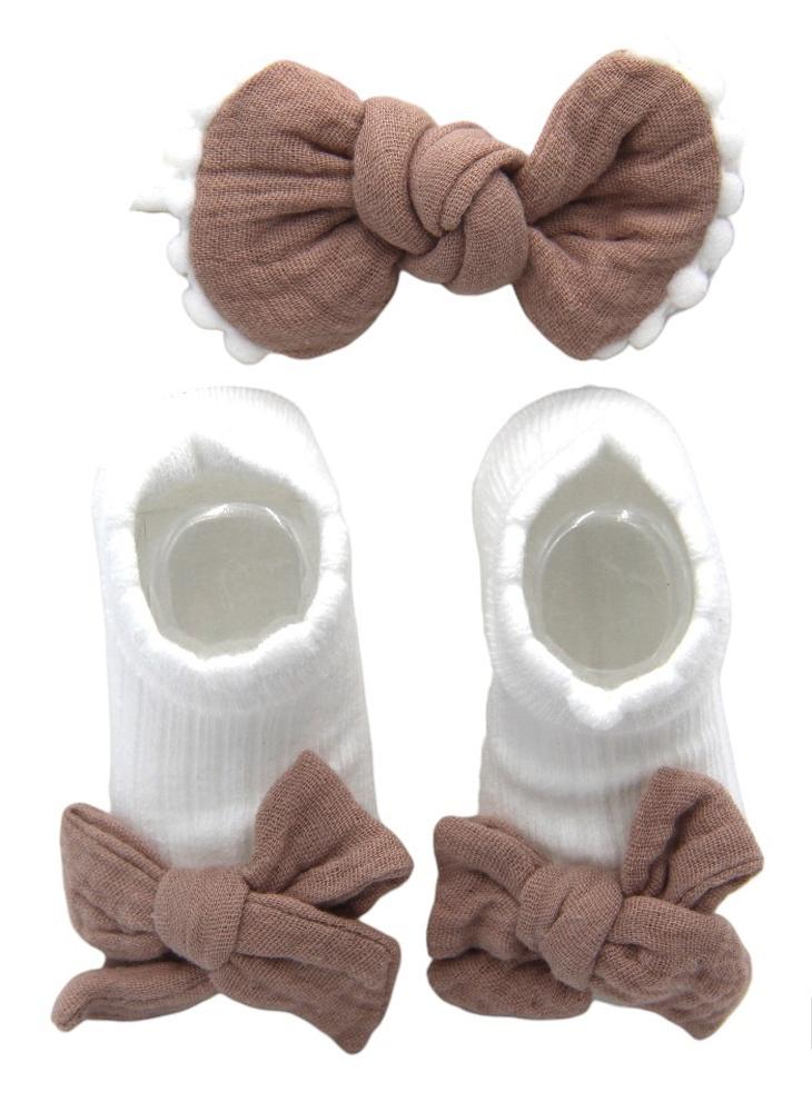 Bambimici Anika Socks & Ribbon Bow Headband Set Brown - Image 1