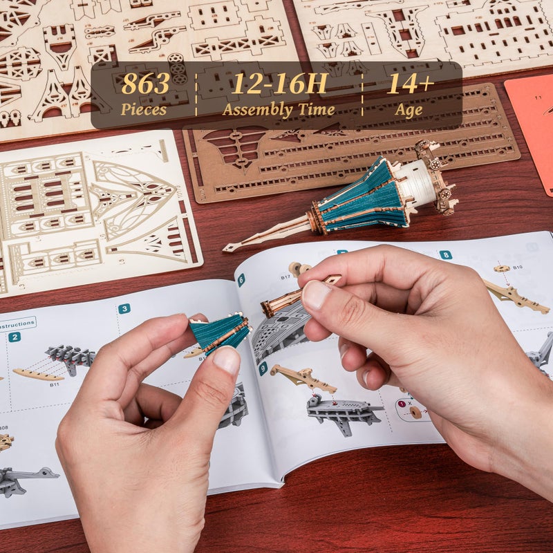 FUNPOLA 3D Wooden Puzzle Steam Castle Model â€“ Steampunk Baroque Floating Castle DIY Building Kit - Image 4