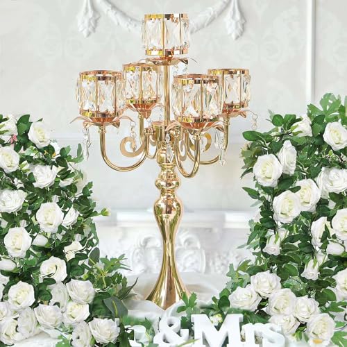 Kehail Gold 5 Arm Pendant Square Crystal Table Decor 22 inch Candle Holder, Classic and Elegant Table Centerpiece Atmosphere Candle Holders for Gift Wedding Party Home Decor - Image 5