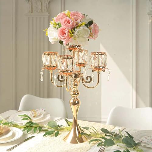 Kehail Gold 5 Arm Pendant Square Crystal Table Decor 22 inch Candle Holder, Classic and Elegant Table Centerpiece Atmosphere Candle Holders for Gift Wedding Party Home Decor - Image 4