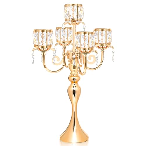 Kehail Gold 5 Arm Pendant Square Crystal Table Decor 22 inch Candle Holder, Classic and Elegant Table Centerpiece Atmosphere Candle Holders for Gift Wedding Party Home Decor - Image 1