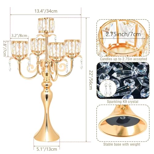 Kehail Gold 5 Arm Pendant Square Crystal Table Decor 22 inch Candle Holder, Classic and Elegant Table Centerpiece Atmosphere Candle Holders for Gift Wedding Party Home Decor - Image 2