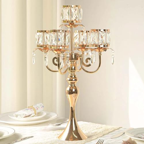 Kehail Gold 5 Arm Pendant Square Crystal Table Decor 22 inch Candle Holder, Classic and Elegant Table Centerpiece Atmosphere Candle Holders for Gift Wedding Party Home Decor - Image 3