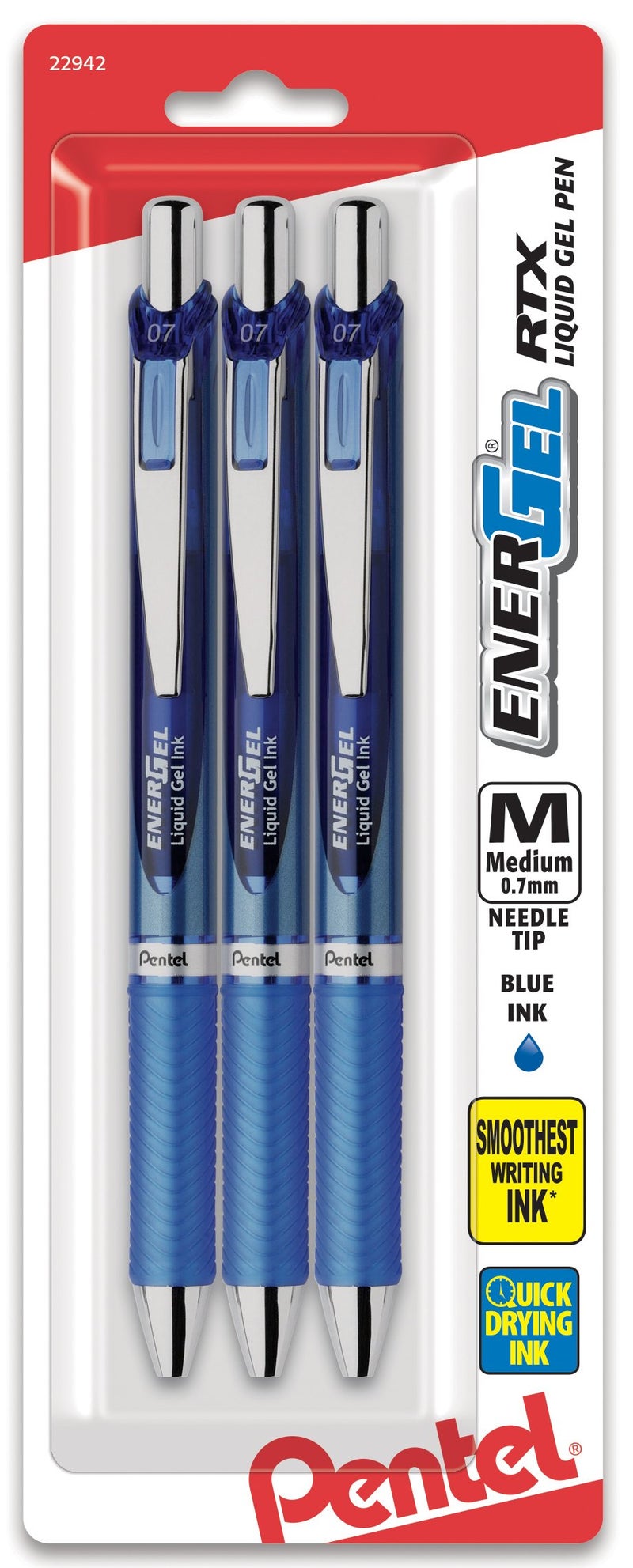Pentel قلم جل سائل قابل للسحب من بنتل إنرجل ديلوكس RTX، (0.7 مم)، طرف إبرة، حبر أزرق، عبوة 3 (BLN77BP3C) - Image 1