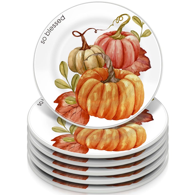 SiliFine 6 Pcs 6 Inch Fall Plates Thanksgiving Ceramic Salad Plates So Blessed Platter Cookie Dishes Autumn Harvest Vintage Dessert Appetizer for Thanksgiving Dinner Party DecorationPumpkin