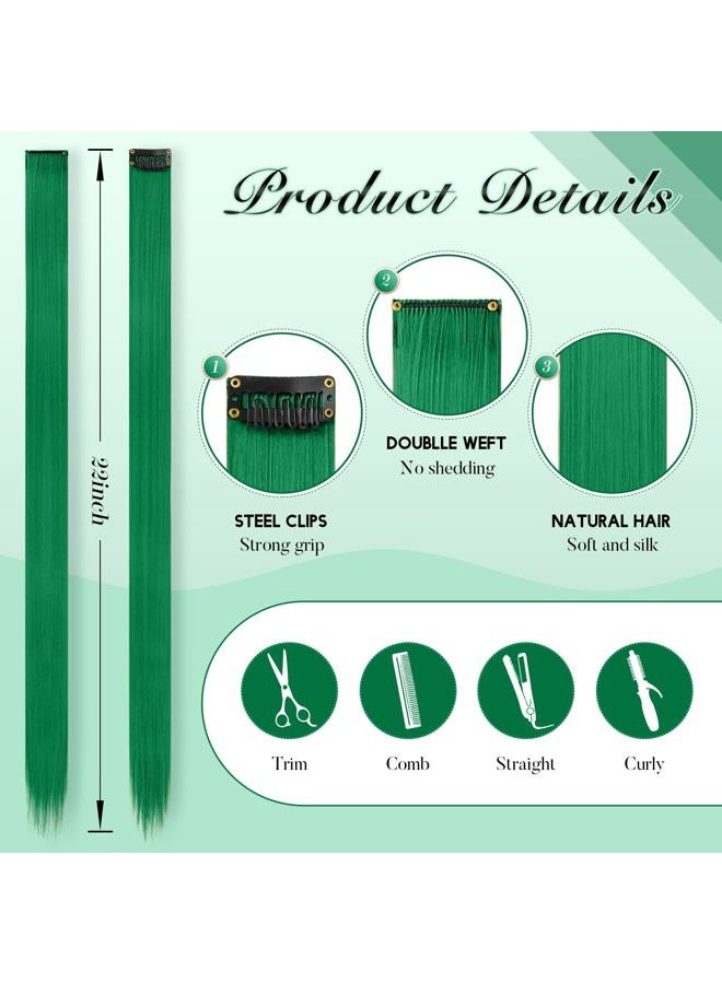 FESHFEN إضافات شعر ملونة بتقنية الكليب - 10 قطع خصل شعر خضراء مستقيمة صناعية لتزيين يوم سانت باتريك بطول 22 بوصة - Image 4