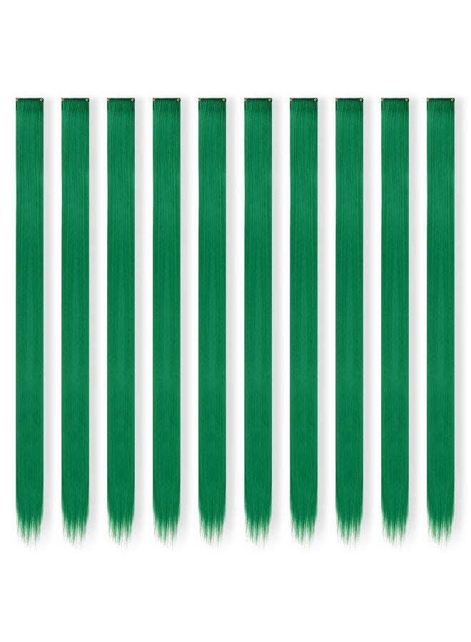 FESHFEN إضافات شعر ملونة بتقنية الكليب - 10 قطع خصل شعر خضراء مستقيمة صناعية لتزيين يوم سانت باتريك بطول 22 بوصة - Image 2