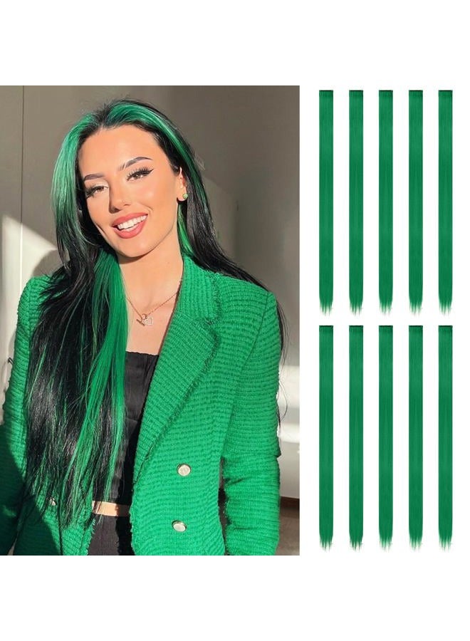 FESHFEN إضافات شعر ملونة بتقنية الكليب - 10 قطع خصل شعر خضراء مستقيمة صناعية لتزيين يوم سانت باتريك بطول 22 بوصة - Image 1